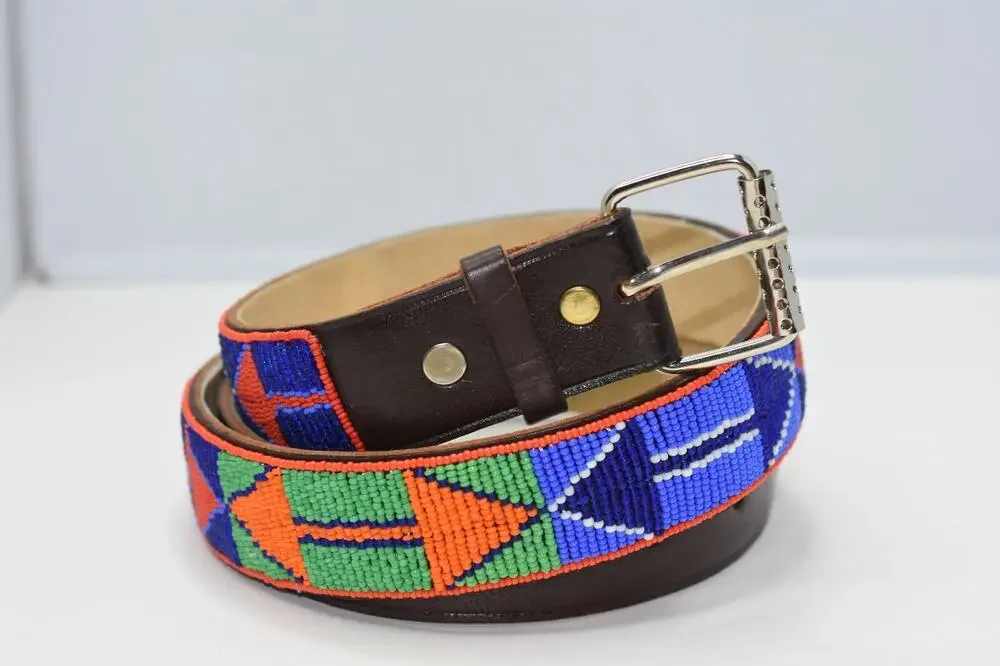 UNISEX BoHo Hand Beaded Maasai Leather Belt with Silver Tone Buckle 34-40